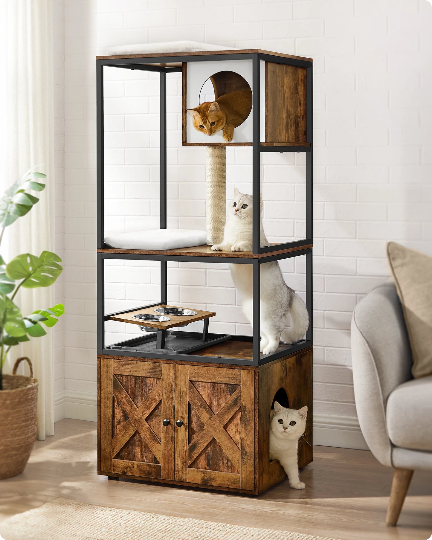 WHselect Royal Cat Mansion – Luxe 4-Lagen Kattenhuis met Krabpaal, Voerplek &amp; Kattenbakruimte (146cm)