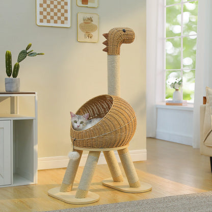 WHselect DinoCat Tower – Unieke Krabpaal met Rattan Kattenhuis & Speelzones (116cm)