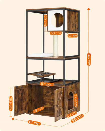 WHselect Royal Cat Mansion – Luxe 4-Lagen Kattenhuis met Krabpaal, Voerplek &amp; Kattenbakruimte (146cm)